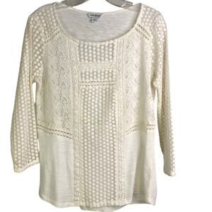 Lucky Brand Top Womens Size Small White Boat Neck Elbow Length Sleeve Lace Front